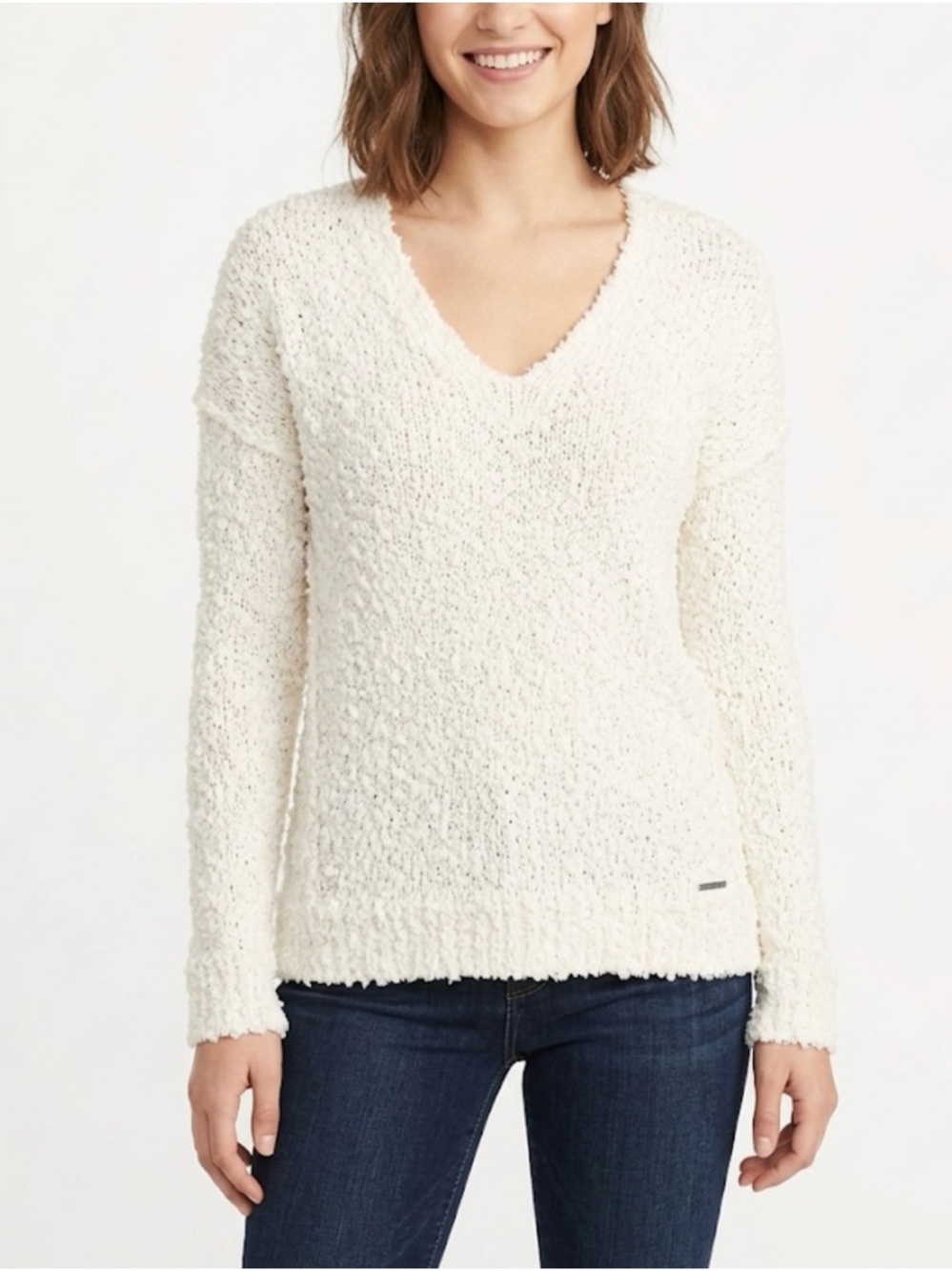 Abercrombie & Fitch Cream Textured V-Neck Boucle Knit Pullover Sweater Size S